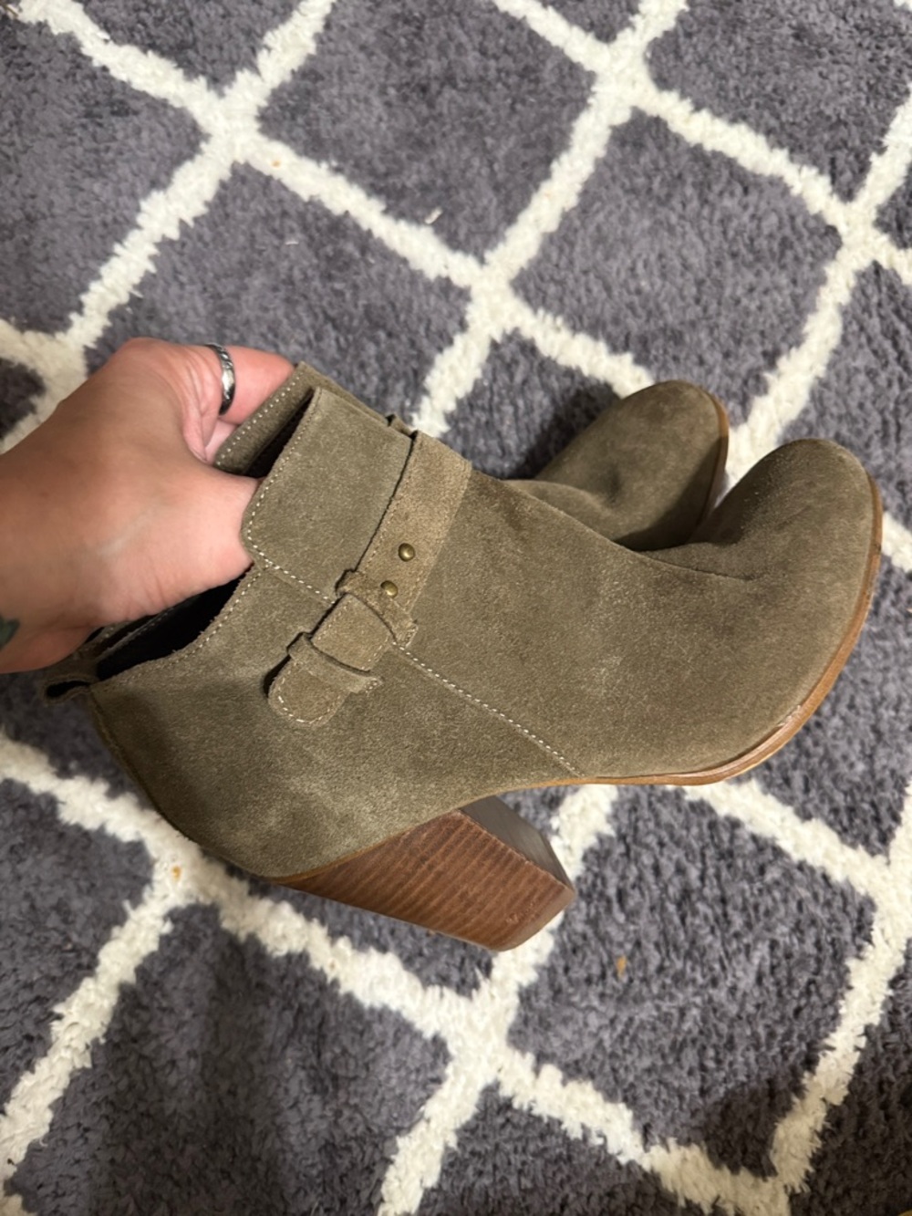 Franco Sarto Olive Suede Ankle Booties with Stacked Heel